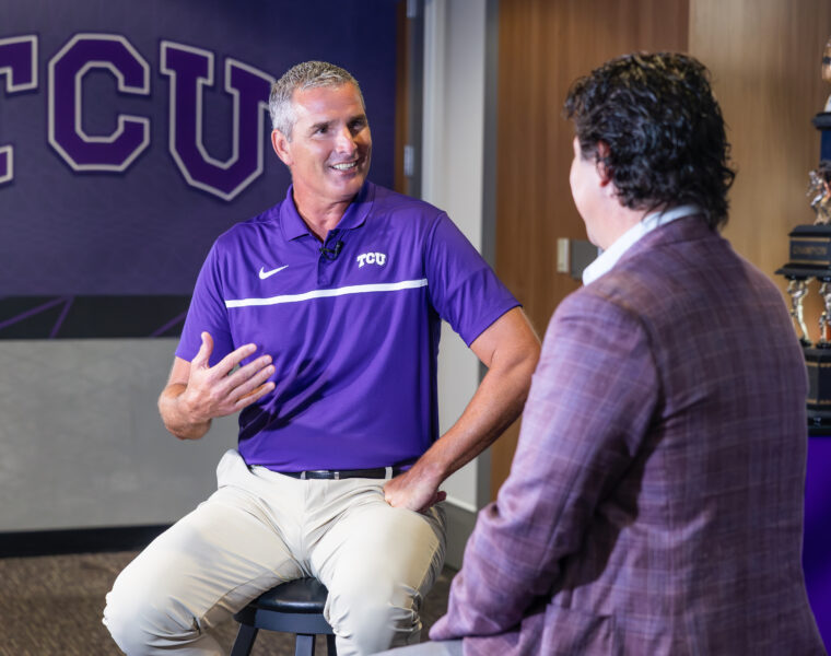 Chancellor Pullin interviews Athletic Director Mike Buddie in the TCU Human Performance Center